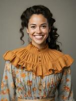 sonriente joven mujer de mexicano descendencia vestido en elegante vestir en gris antecedentes ai generativo foto