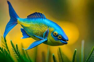 a blue and yellow fish in the grass. AI-Generated photo