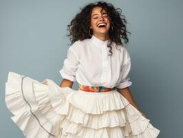 Smiling young woman of Mexican descent dressed in elegant dress on gray background AI Generative photo