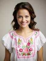 Smiling young woman of Mexican descent dressed in elegant dress on gray background AI Generative photo