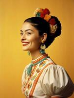 Smiling young woman of Mexican descent dressed in elegant dress on gray background AI Generative photo