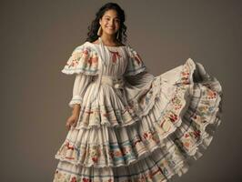 Smiling young woman of Mexican descent dressed in elegant dress on gray background AI Generative photo