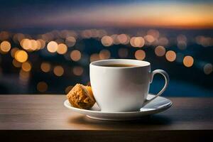 coffee and cookies on the table in the evening. AI-Generated photo
