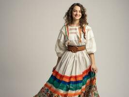 Smiling young woman of Mexican descent dressed in elegant dress on gray background AI Generative photo