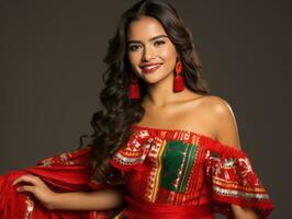 Smiling young woman of Mexican descent dressed in elegant dress on gray background AI Generative photo