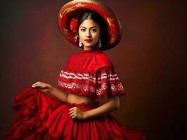 Smiling young woman of Mexican descent dressed in elegant dress on gray background AI Generative photo