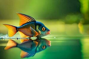 un pescado con brillante naranja ojos es reflejado en el agua. generado por ai foto