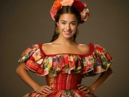 Smiling young woman of Mexican descent dressed in elegant dress on gray background AI Generative photo