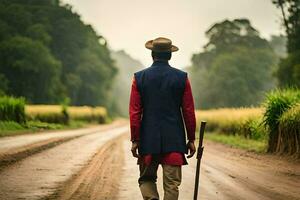 un hombre en un rojo chaleco y sombrero caminando abajo un suciedad la carretera. generado por ai foto