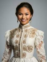 Smiling young woman of Mexican descent dressed in elegant dress on gray background AI Generative photo