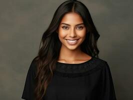 Smiling young woman of Mexican descent dressed in elegant dress on gray background AI Generative photo