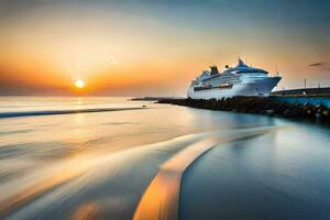 a cruise ship in the ocean at sunset. AI-Generated photo