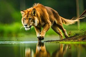 a lion walking across a pond in the forest. AI-Generated photo