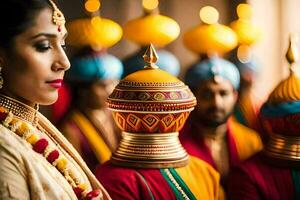 un novia y novio en tradicional indio atuendo. generado por ai foto