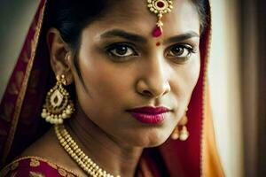 a beautiful indian woman wearing a traditional bridal outfit. AI-Generated photo