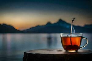 un taza de té se sienta en un tocón con un montaña en el antecedentes. generado por ai foto