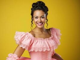 sonriente joven mujer de mexicano descendencia vestido en elegante vestir en gris antecedentes ai generativo foto