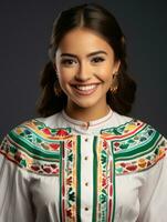 Smiling young woman of Mexican descent dressed in elegant dress on gray background AI Generative photo