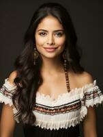 Smiling young woman of Mexican descent dressed in elegant dress on gray background AI Generative photo