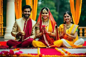 indian wedding couple sitting on the floor with their hands together. AI-Generated photo