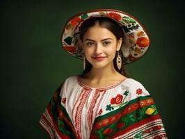 Smiling young woman of Mexican descent dressed in elegant dress on gray background AI Generative photo