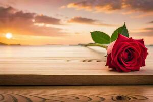 a single red rose sits on a wooden table in front of the sunset. AI-Generated photo