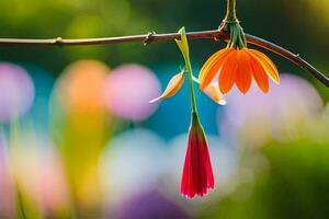 un flor colgando desde un rama. generado por ai foto