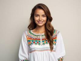 Smiling young woman of Mexican descent dressed in elegant dress on gray background AI Generative photo