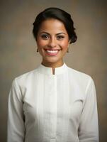 Smiling young woman of Mexican descent dressed in elegant dress on gray background AI Generative photo