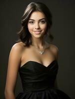 Smiling young woman of Mexican descent dressed in elegant dress on gray background AI Generative photo