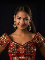 Smiling young woman of Mexican descent dressed in elegant dress on gray background AI Generative photo