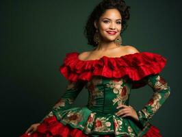 Smiling young woman of Mexican descent dressed in elegant dress on gray background AI Generative photo