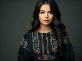 Smiling young woman of Mexican descent dressed in elegant dress on gray background AI Generative photo