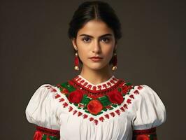 Smiling young woman of Mexican descent dressed in elegant dress on gray background AI Generative photo