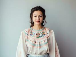 sonriente joven mujer de mexicano descendencia vestido en elegante vestir en gris antecedentes ai generativo foto