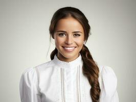 sonriente joven mujer de mexicano descendencia vestido en elegante vestir en gris antecedentes ai generativo foto