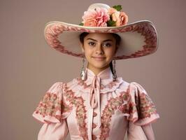 Smiling young woman of Mexican descent dressed in elegant dress on gray background AI Generative photo