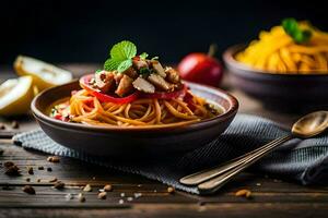 spaghetti with nuts and tomatoes in a bowl. AI-Generated photo