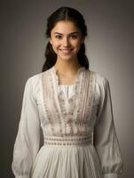 Smiling young woman of Mexican descent dressed in elegant dress on gray background AI Generative photo