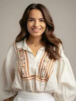 Smiling young woman of Mexican descent dressed in elegant dress on gray background AI Generative photo