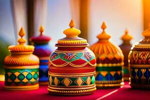 colorful decorative jars on a red table. AI-Generated photo