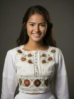 Smiling young woman of Mexican descent dressed in elegant dress on gray background AI Generative photo