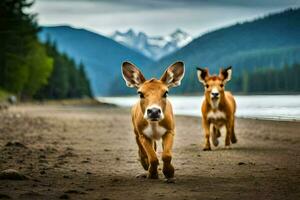 two small brown animals running on the beach. AI-Generated photo