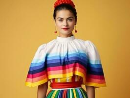 Smiling young woman of Mexican descent dressed in elegant dress on gray background AI Generative photo