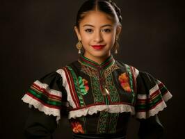 sonriente joven mujer de mexicano descendencia vestido en elegante vestir en gris antecedentes ai generativo foto