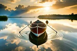 un bote de remos es flotante en el calma agua. generado por ai foto