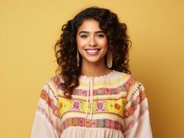 Smiling young woman of Mexican descent dressed in elegant dress on gray background AI Generative photo