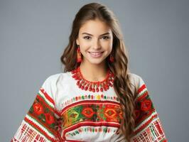 Smiling young woman of Mexican descent dressed in elegant dress on gray background AI Generative photo