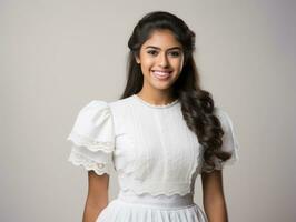 Smiling young woman of Mexican descent dressed in elegant dress on gray background AI Generative photo