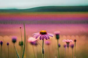 a field of purple flowers in front of a blurry background. AI-Generated photo